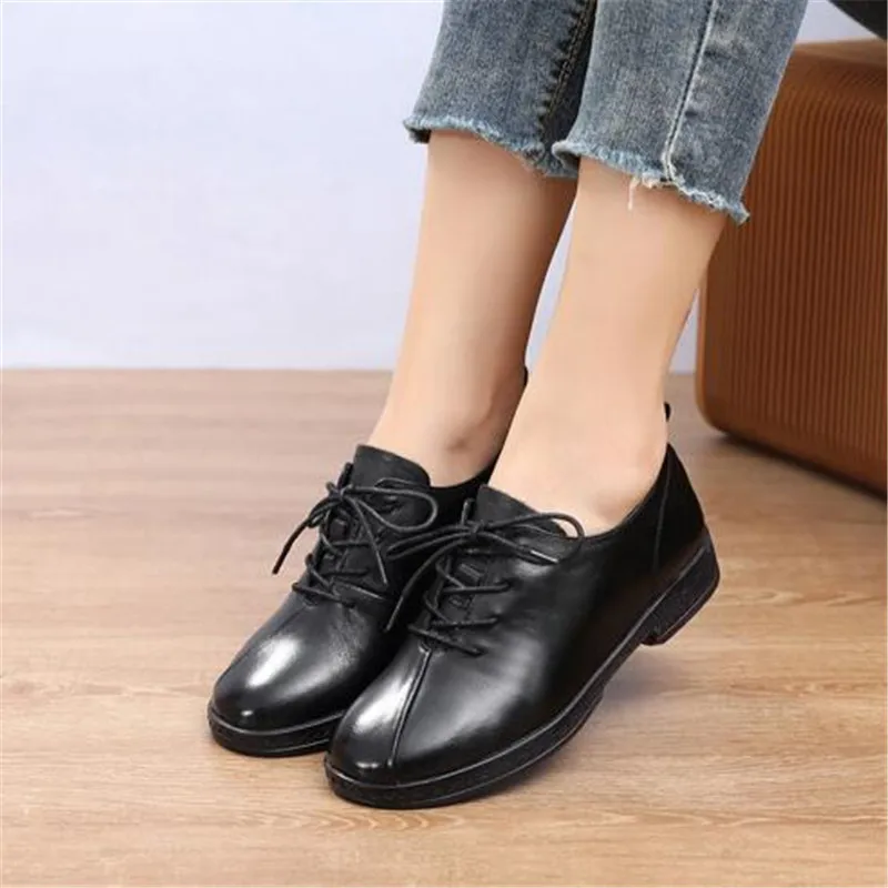 

2019 Best-selling New Spring Autumn Lace-up Black Genuine Leather Shoes Flat Shoes Soft Bottom Comfort Casual Shoes Woman Shoes