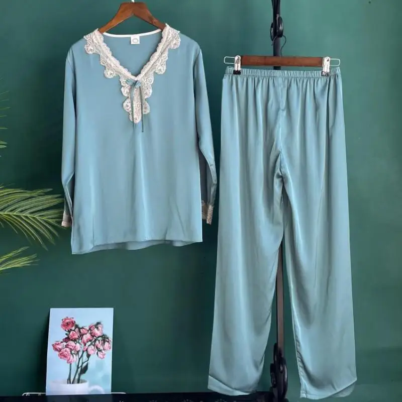 

Lace V-Neck Women Pajamas Set Sexy Long Sleeve Pyjamas Casual Satin Home Clothing Thin Femme 2PCS Shirt&Pants Suit Sleepwear