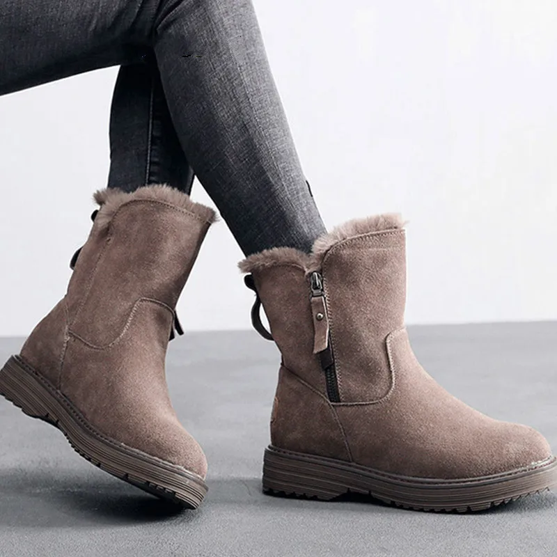 

Winter Shoes Women Leather Ankle Boots Fur Zip Short Boots Female Fashion Ladies Flat Botines Sewing Black Shoes Zapatos Mujer