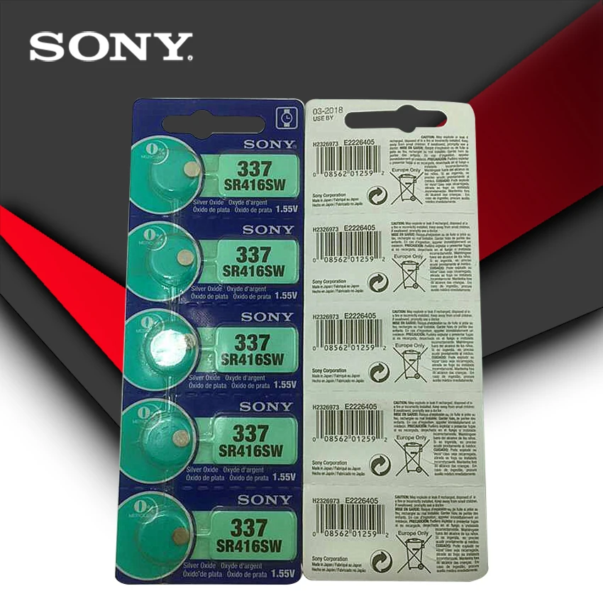 5 шт. Sony 100% оригинальный 337 SR416SW 1 55 в оксид серебра часовая батарея кнопочная
