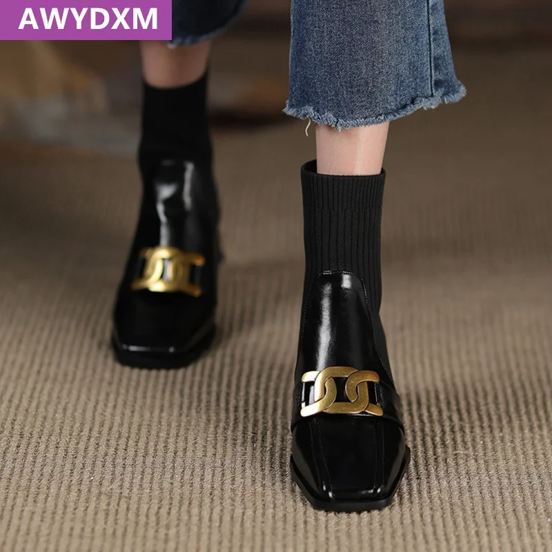 

Женские ботильоны на массивном каблуке, новинка сезона осень-зима 2021, женская обувь Челси, модные роскошные вязаные женские ботинки на сред...