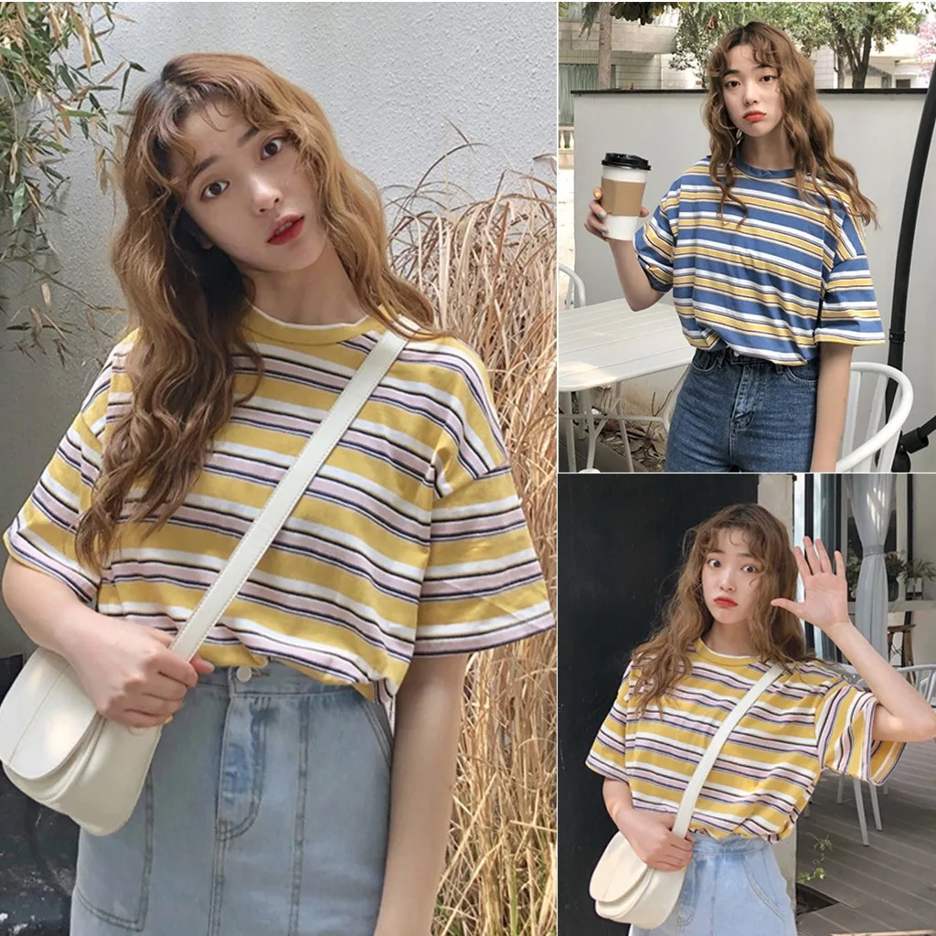 Женская футболка в полоску с короткими рукавами свободные топы Корейском стиле