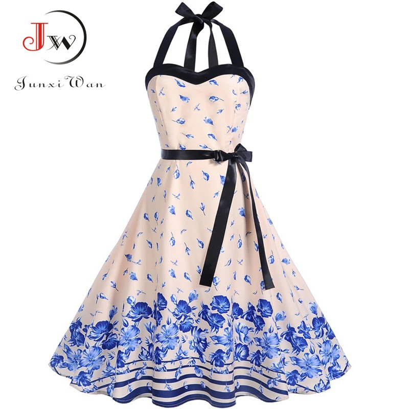 Новинка 2019 женское винтажное платье летнее без рукавов с лямкой на шее