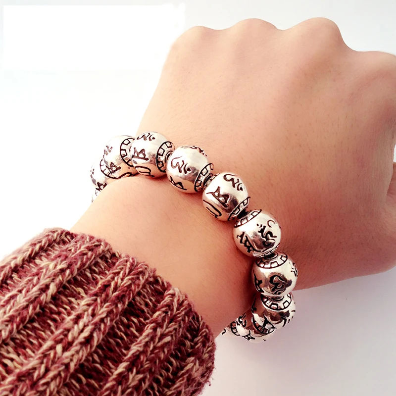 Браслет буддистский с круглыми бусинами Solid S990 серебристый резной тибетской