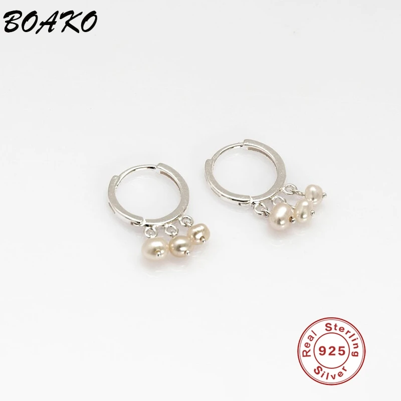

BOAKO Personalized Three Pearl Beads Pendant Dangle Drop Earrings for Women Gift Genuine 100% 925 Sterling Silver Fine Jewelry