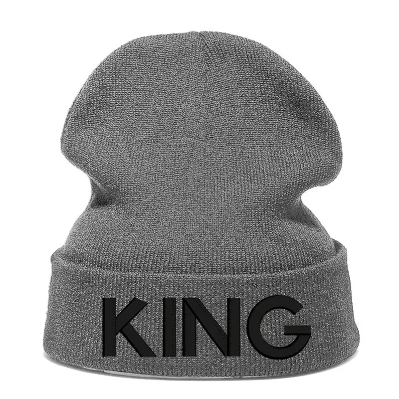 King Letter Beanie Hat Skullie шапка, вязаная шапка-носок зимняя Осенняя вязаная вышивка Кепка в стиле хип-хоп Мужская и женская Подростковая Кепка для уличных танцев черная - Цвет: gray black