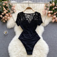 sexy women lace bodysuits black elegant v neck short sleeve high waist bodycon romper female summer patchwork jumpsuits 2021 new