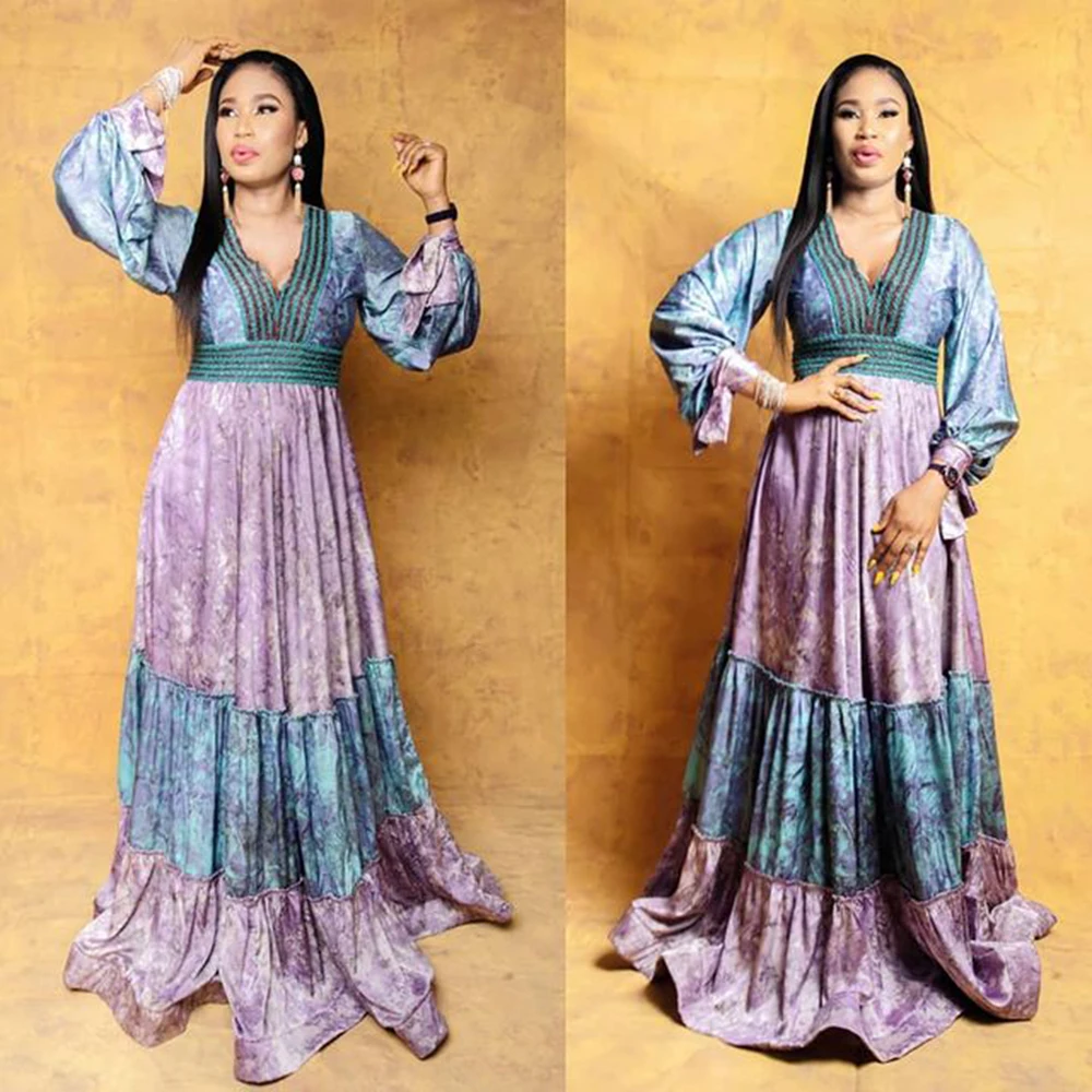 

Kaftan Dubai Abaya Turkey Femme African Dresses For Women Sexy V-neck Lantern Sleeve Patchwork Elegant Holiday Maxi Formal Dress