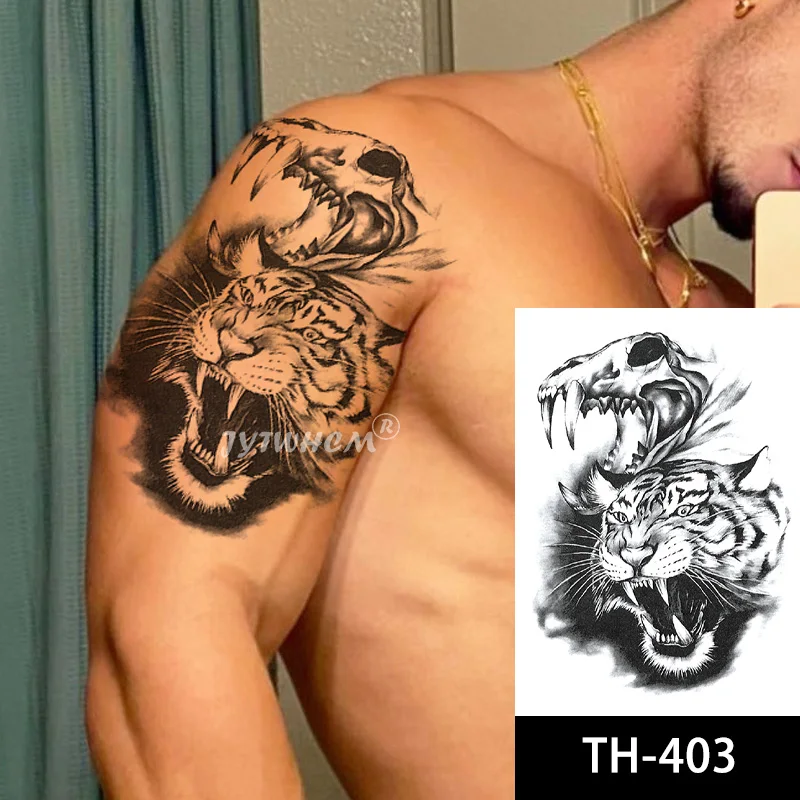 

Lion Tige Tattoo Sticker Fake Waterproof Snake Temporary Tattoo For Men Women Black Evil Devil Tribal Totem Tatoo Paper