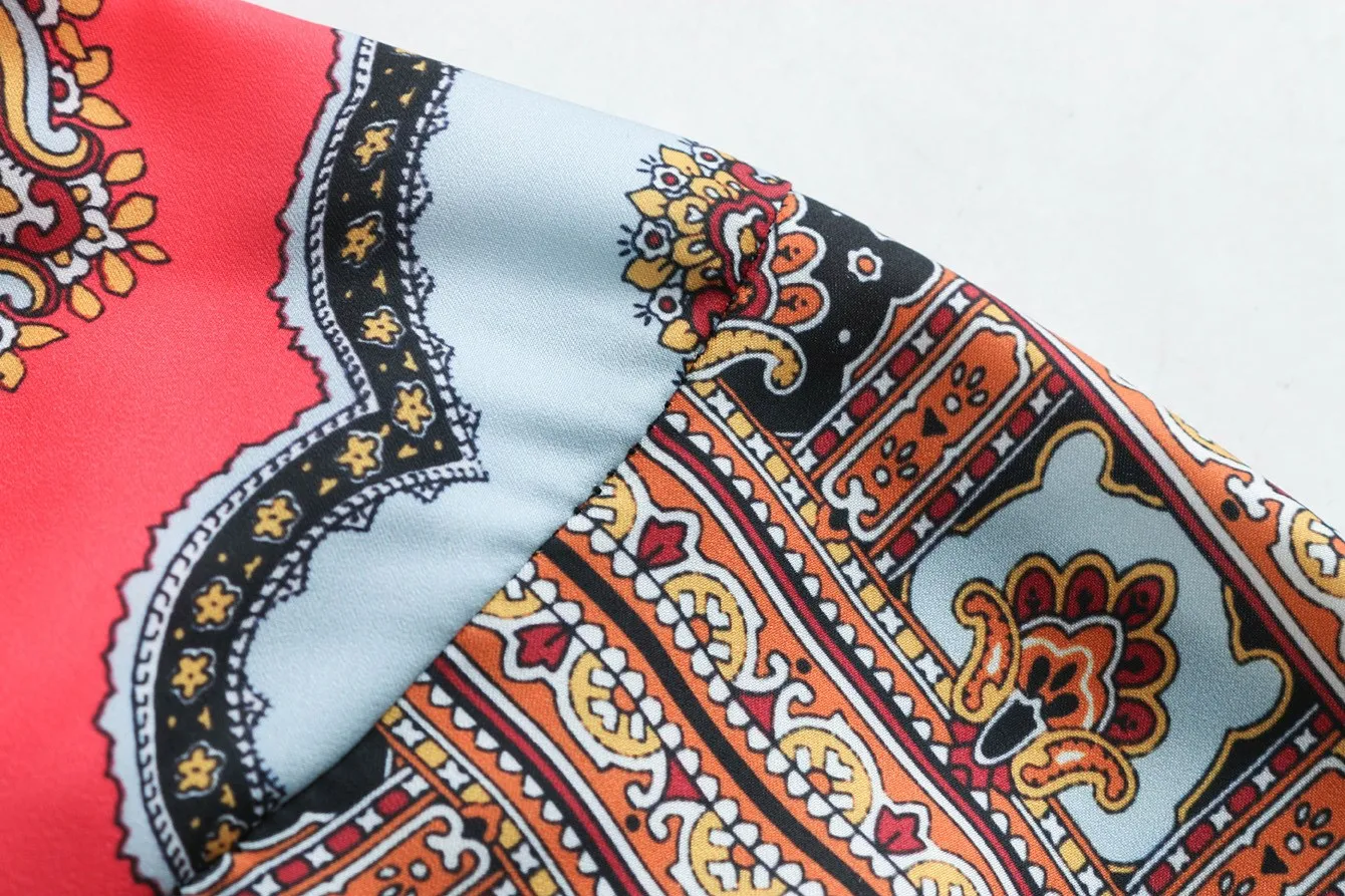 Women Casual Button Print Shirt Long Sleeve Boho Vintage Blouses Turn-Down Loose |