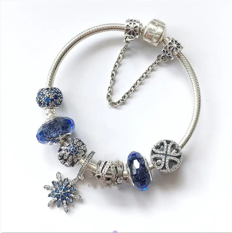 

925 Sterling Silver Crystalized Snowflake Clasp Snake Chain Basic pan Bracelets Bangle Fit Women Bead Charm DIY Jewelry
