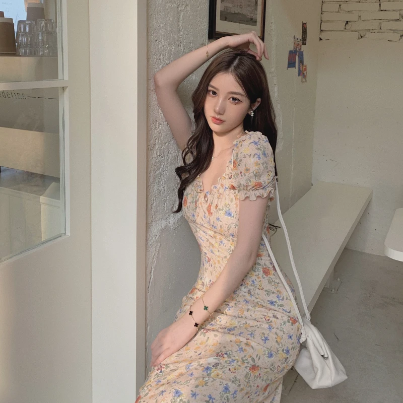 Платье женское Винтажное с глубоким V-образным вырезом и оборками пикантное