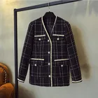 Loribindwood Роскошное дизайнерское Брендовое шерстяное пальто для женщин модное черное винтажное клетчатое твидовое пальто с v-образным вырезом и широкой талией S-XXL