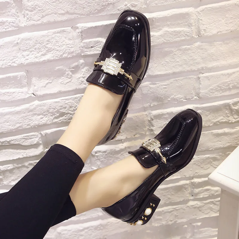 Pearls Small leather shoes woman glitter crystal square toe flats loafers designer studs thick heels oxfords slip on derby | Обувь