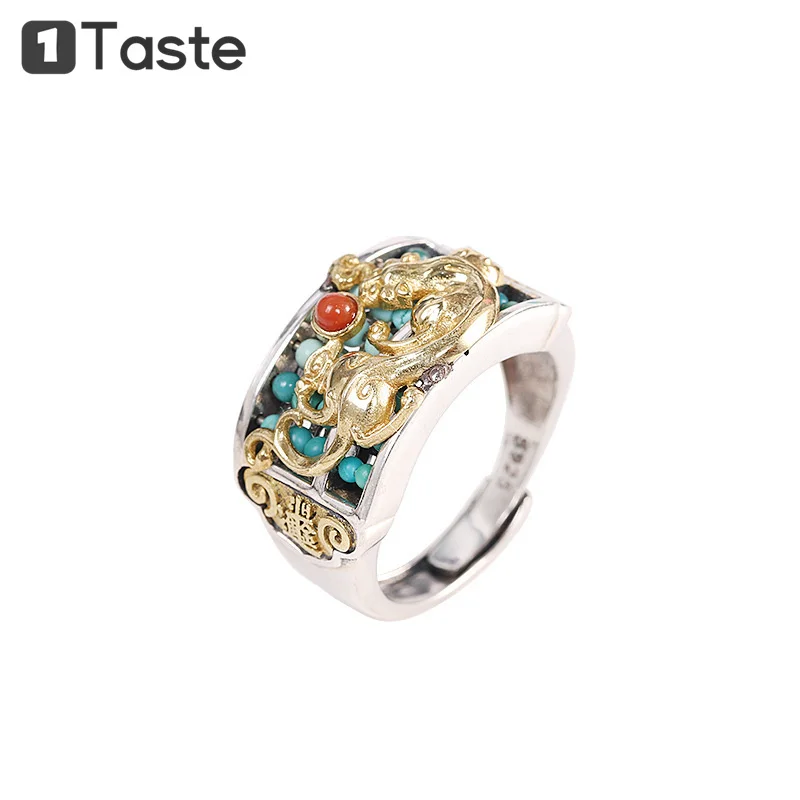 

ONE TASTE 925 Sterling Silver Turquoise Abacus Agate Pendant Ring Men's Jewelry Sets Vintage Retro Fortune Lucky Rings Pendant