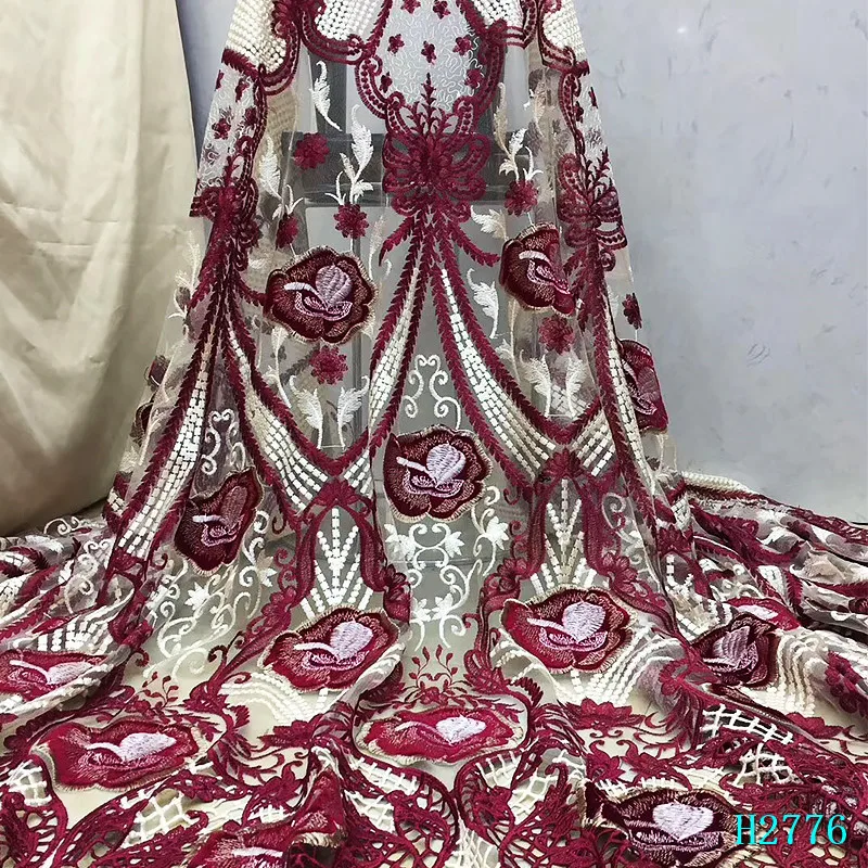Последняя винно-красная кружевная ткань с вышивкой для свадебного платья синий