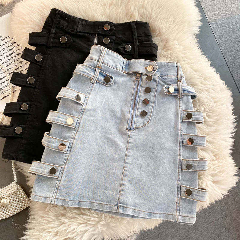 

Locomotive Metal-breasted Denim Skirt 2021 Spring/Summer New women High Waist Slim and Thin All-match Fashion A-line Skirt s559