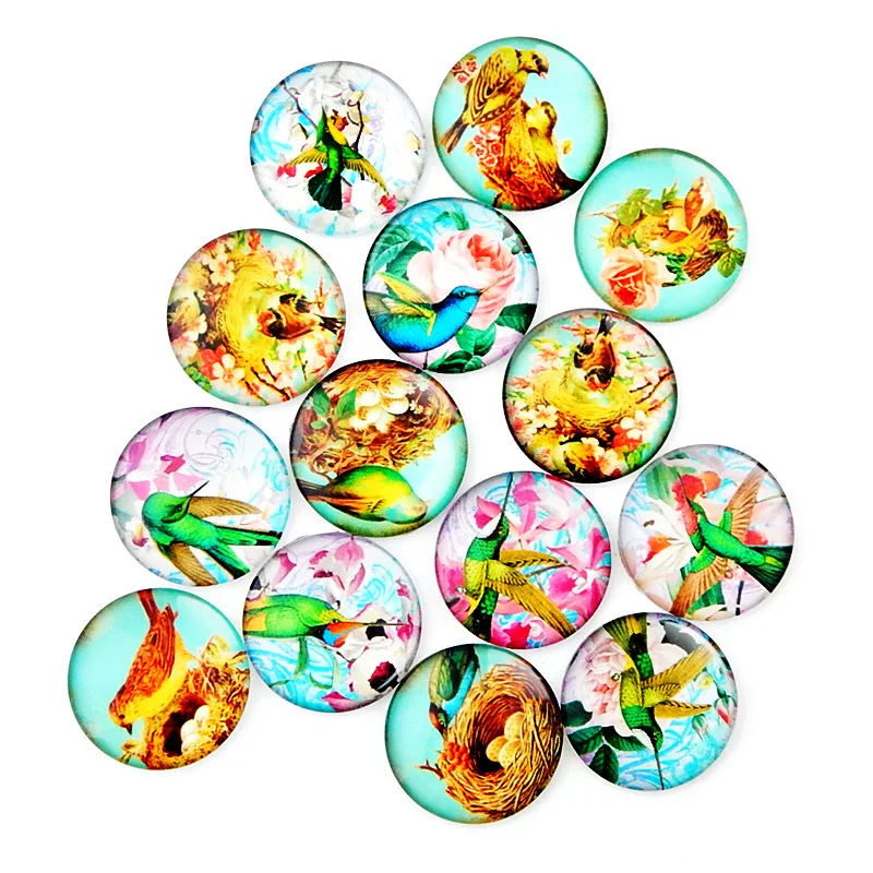 

10 Pcs Random Mix Birds Pattern Round Glass Cabochon Necklace DIY Glass Patch Dome Flat Back Jewelry Findings