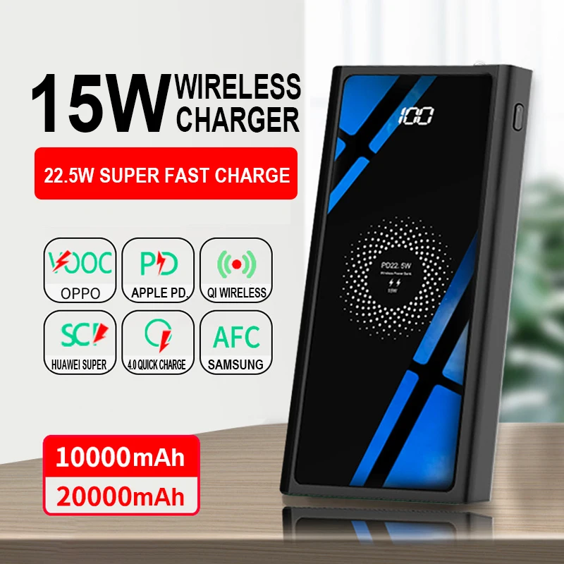 power bank 20000mah22 5w fast charge 15w wireless charging source bank mobile phone auxiliary battery charger for iphone xiaomi free global shipping