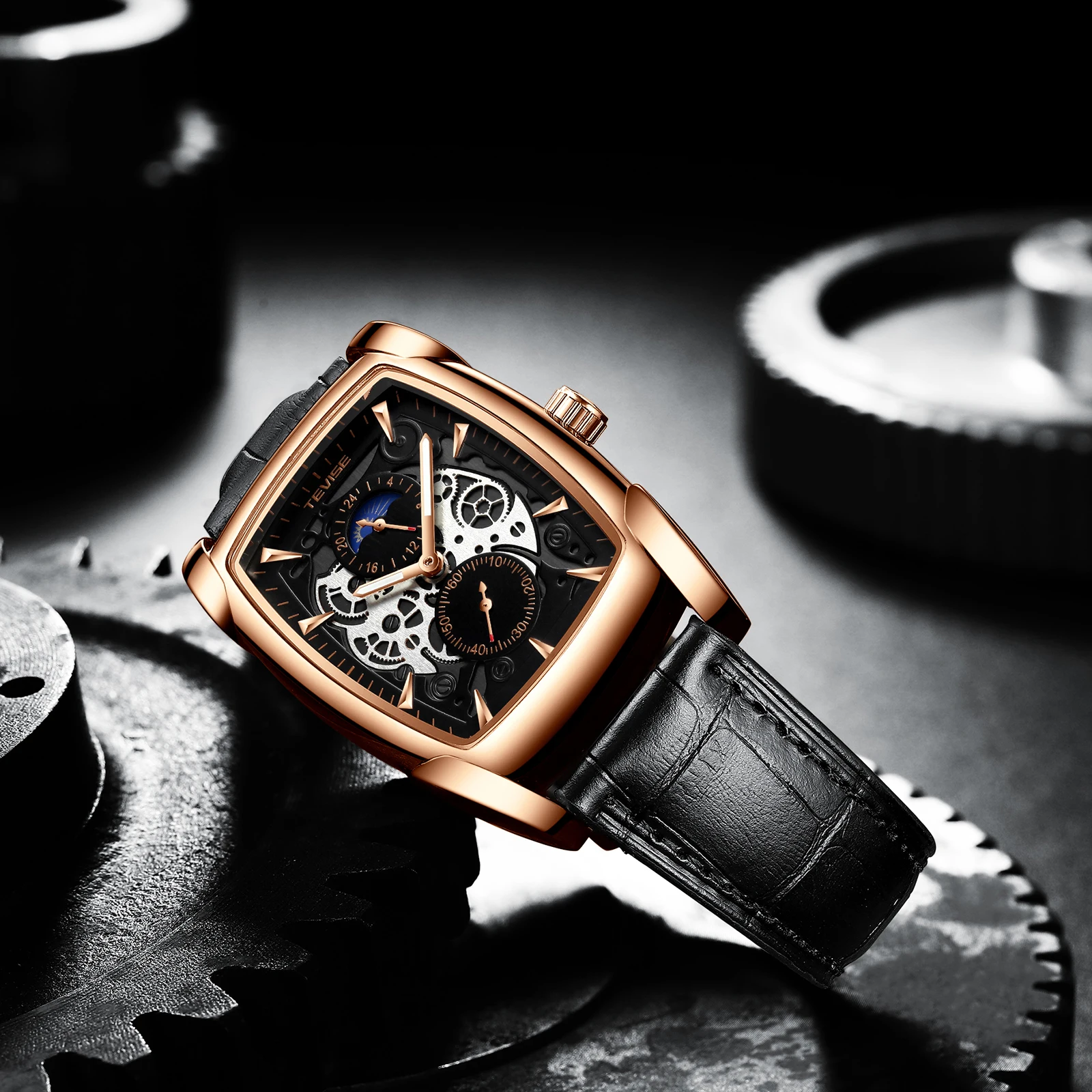 Модные мужские часы TEVISE брендовые Роскошные наручные с кожаным ремешком