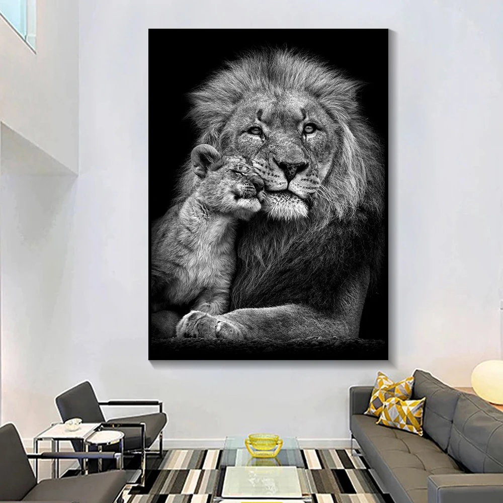 Черный белый цвет африканские Львы Семья настенные художественные плакаты и