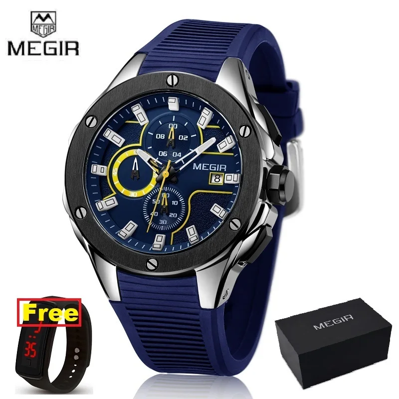 yellow-box plus gift MEGIR, мужские спортивные часы, хронограф, силиконовый ремешок, кварцевые армейские военные часы, часы для мужчин, лучший бренд, Роскошные мужские часы - Цвет: yellow-box plus gift