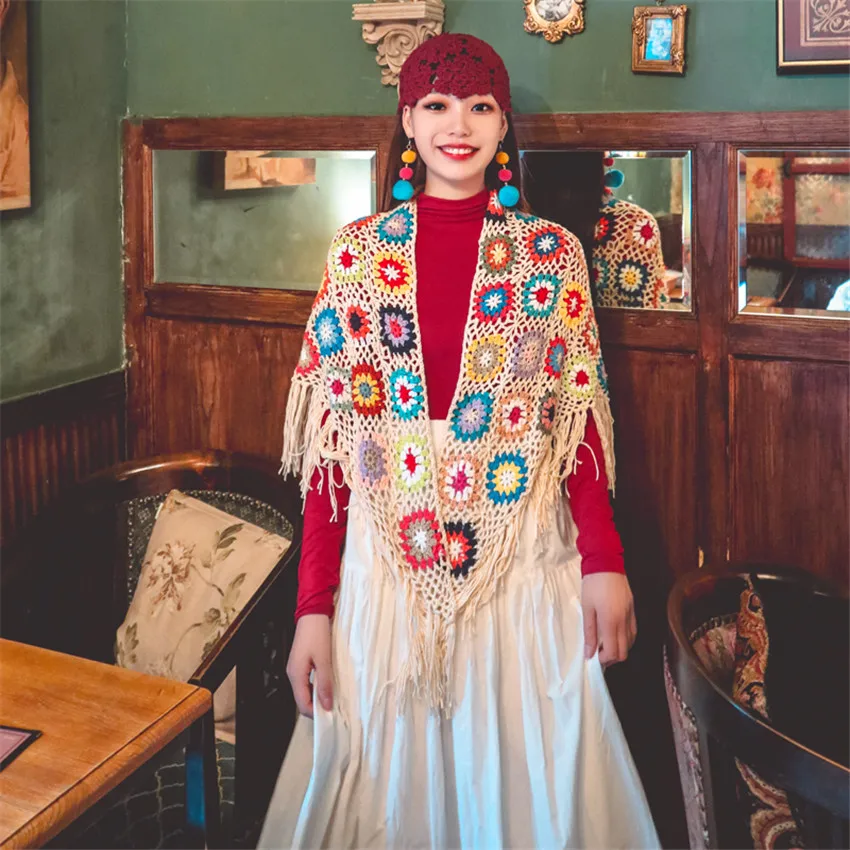 Женский вязаный шарф-пончо из пашмины с кисточками |