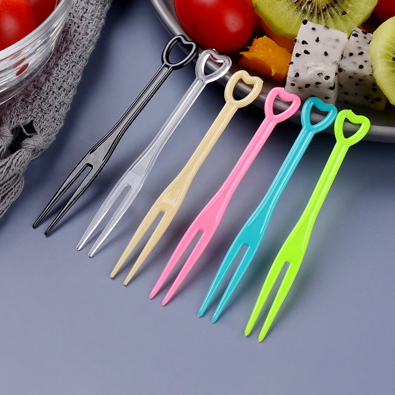 

100pcs Disposable Fruit Fork Plastic Transparent Color Bar Moon Cake Heart-shaped Fruit Fork Individual Packaging