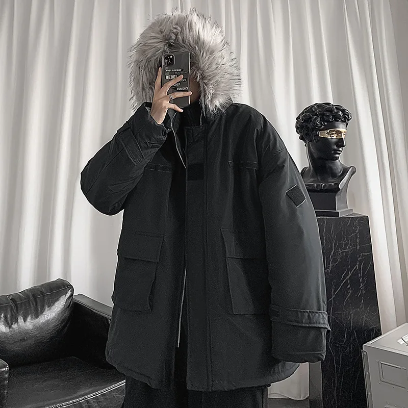 Winter Coat Men's Fashion Multi-pocket Tooling Bread Suit Hong Kong Style Loose Trend Big Fur Collar Warm Jacket Men Clothing