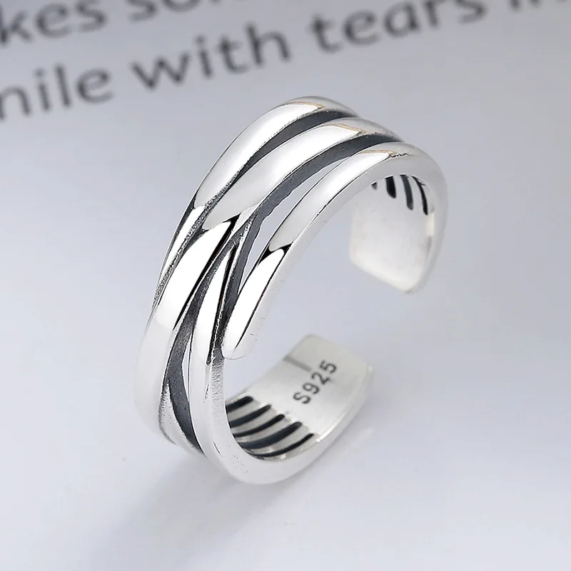 

FANRU S925 Sterling Silver Line Cross Multi-Layer Resizable Open Punk Ring Prevent Allergy Never Fade Fashion Women Jewelry