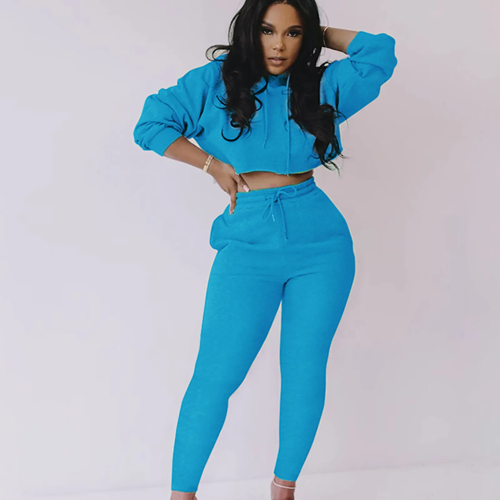 

5 Colors Tracksuit Women 2 Piece Sport Slim Zipper Set Solid Color Hooded Pullover Long Sleeve Sweatshirt