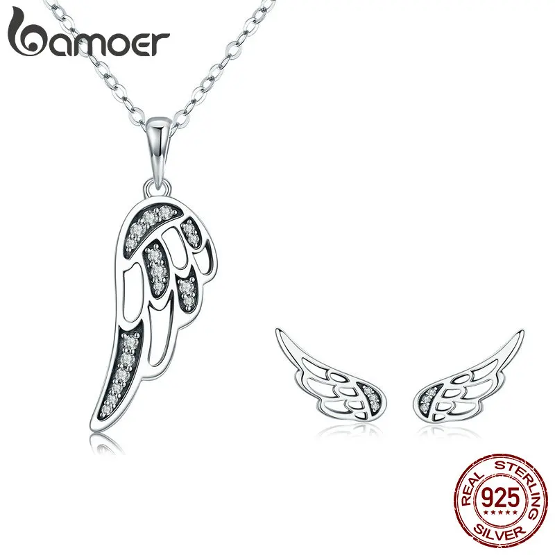 BAMOER, Настоящее серебро 925 пробы, крылья феи, перо, женское ожерелье, серьги, ювелирный набор, подлинное серебро, ювелирное изделие, подарок