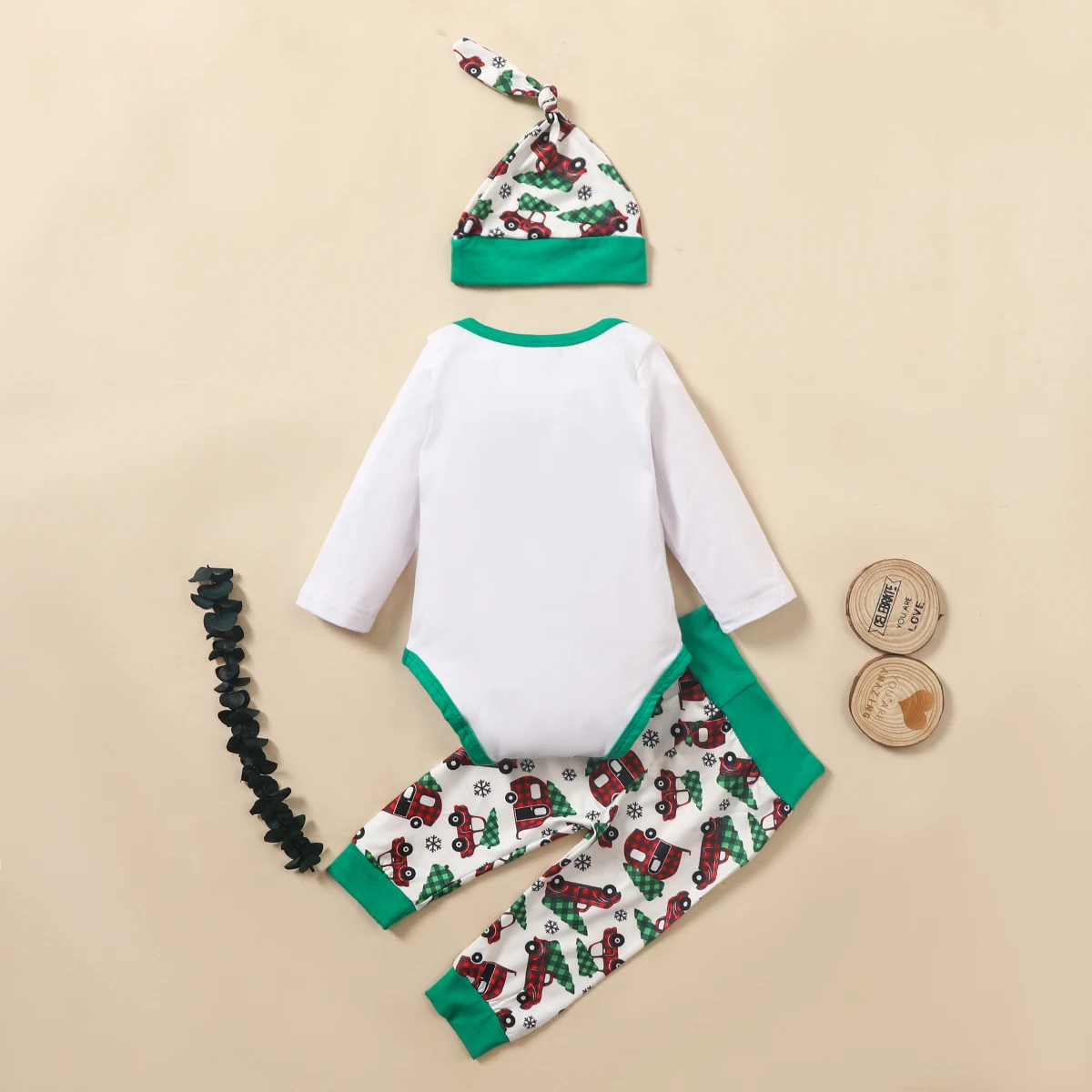 

Christmas Newborn Baby Boy Girl Long Sleeve Cotton Bodysuit Tops Car Print Long Pant Hat 3PCS Xmas Clothing Set