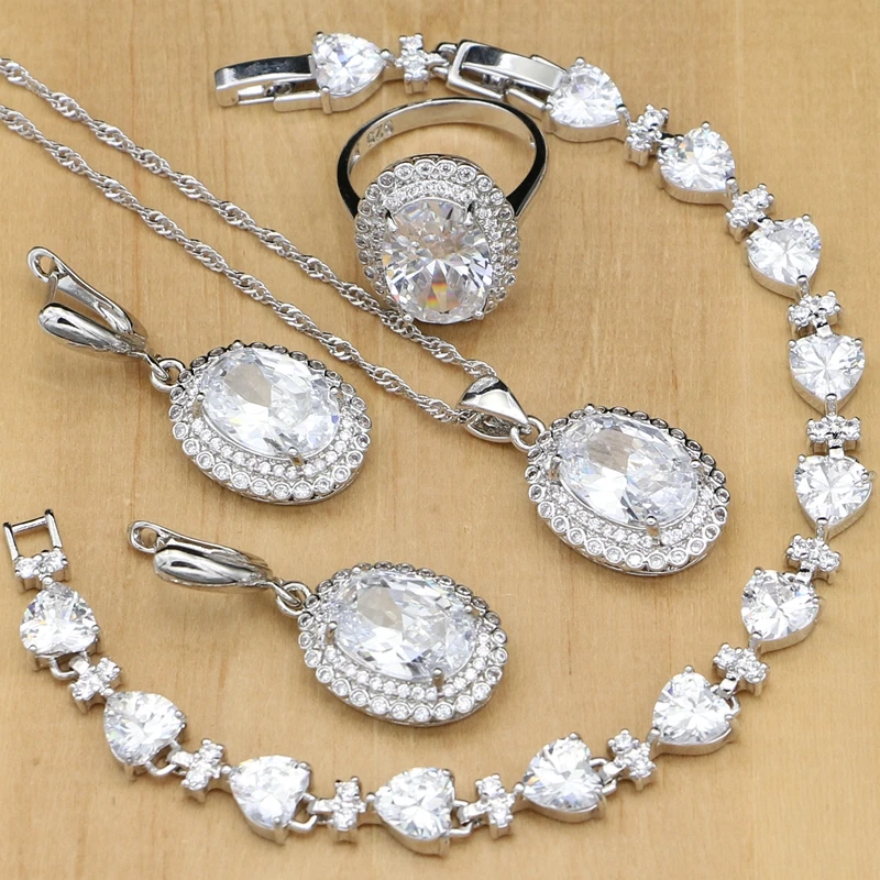 

925 Sterling Silver Jewelry White Cubic Zirconia Jewelry Sets For Women Wedding Earrings/Pendant/Rings/Bracelet/Necklace Set