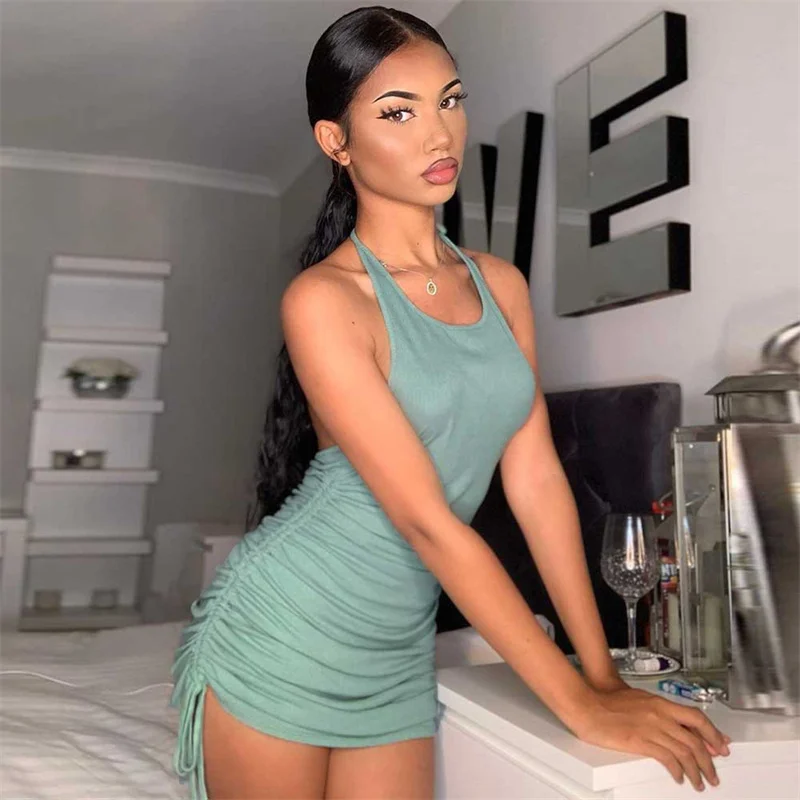 

Strap Ruched Mini Dresses Woman Summer 2021 Halter Bodycon Dress Women Backless Sleeveless Beach Party Short Sexy Dress