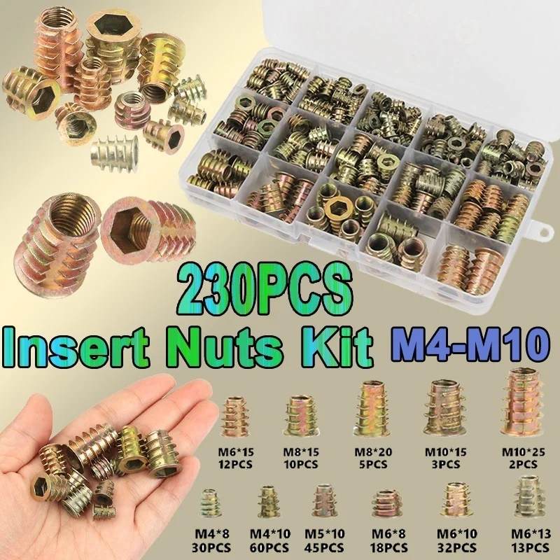 

230/100/70PCS Assorted Flanged Hex Drive Head Furniture Nuts M4 M6 M8 M10 Zinc alloyl Thread For Wood Insert Nut