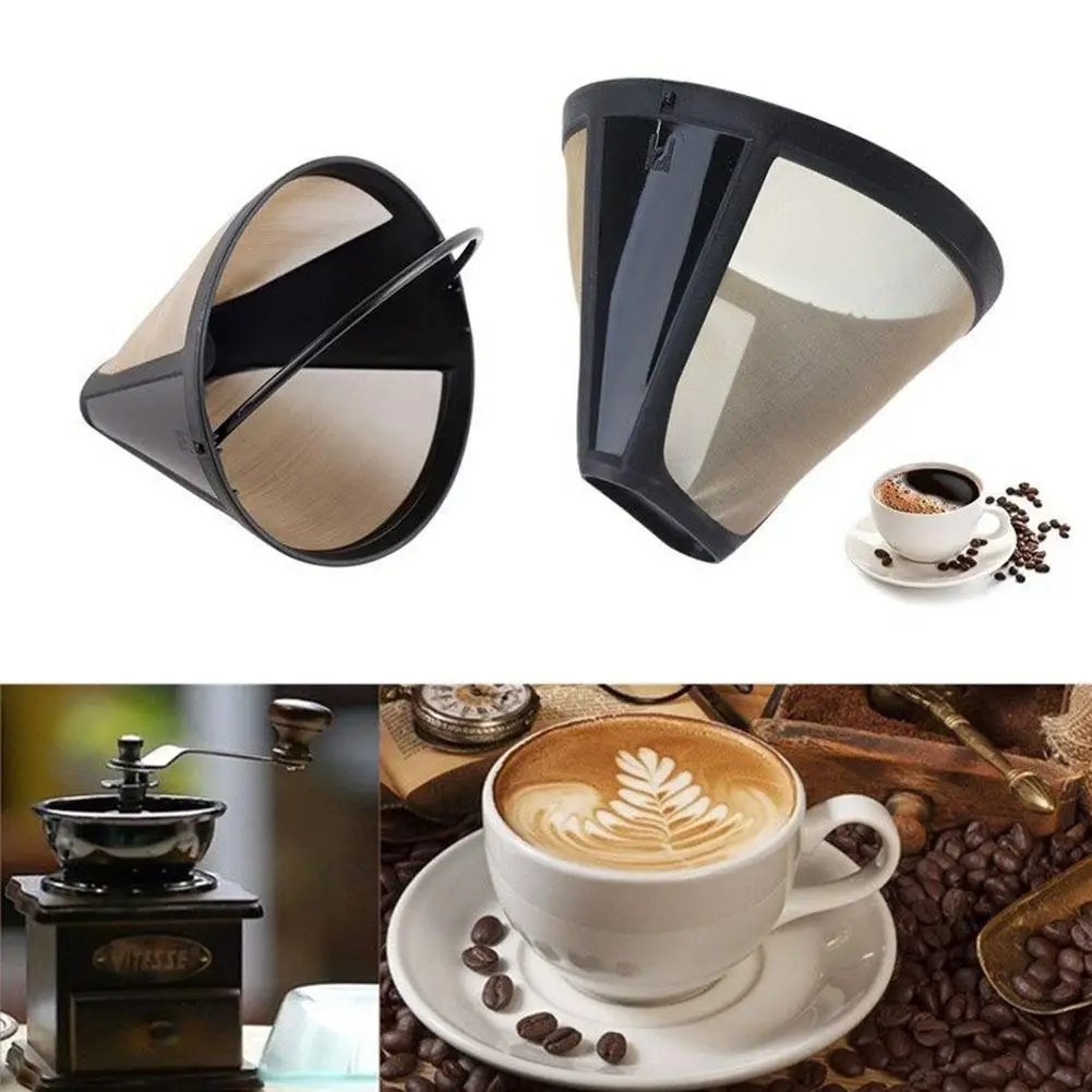 

Steel Washable Handle Coffee Filter Reusable Coffee Refillable Coffee Filters Tone Cone-Style Filter Golden L3G3