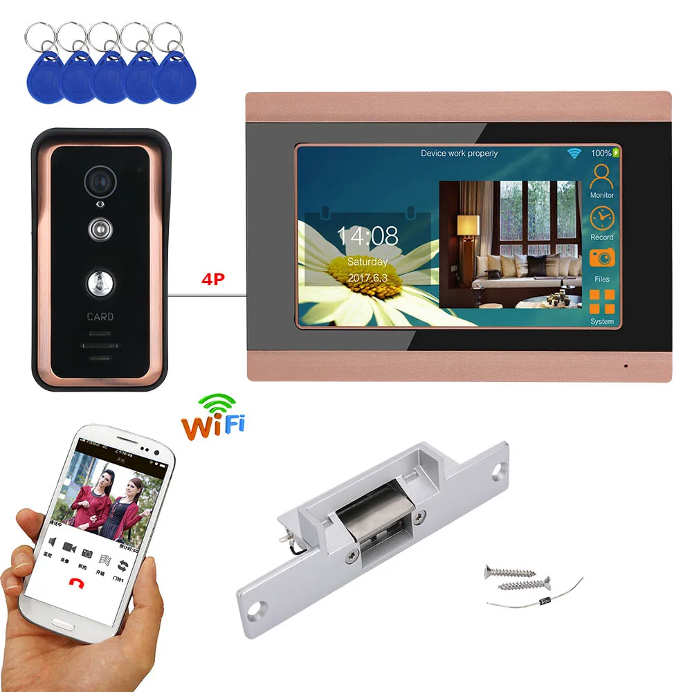 7 дюймов сенсорный экран ЖК-дисплей проводной/Беспроводной Wi-Fi RFID видео-телефон двери дверной звонок Домофон Системы с Электрический магнитный замок AHD 720P Камера