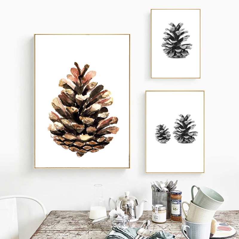 

Nordic Black White Posters and Prints Watercolour Pinecone Canvas Painting Simple Nature Wall Pictures for Living Room Decor