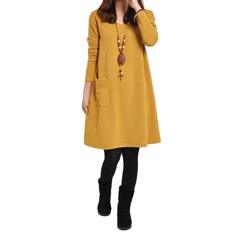 Винтажное Женское зимнее платье с v образным вырезом и длинным рукавом свободное