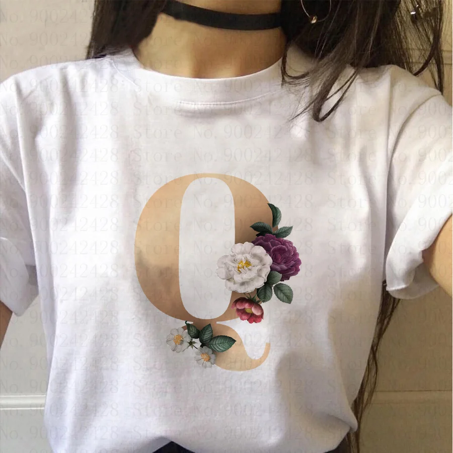 

Customized Golden Initial Letter A B C D Women's T-shirt Harajuku flowers Short Sleeve casual Fashion Korean Style Tops female
