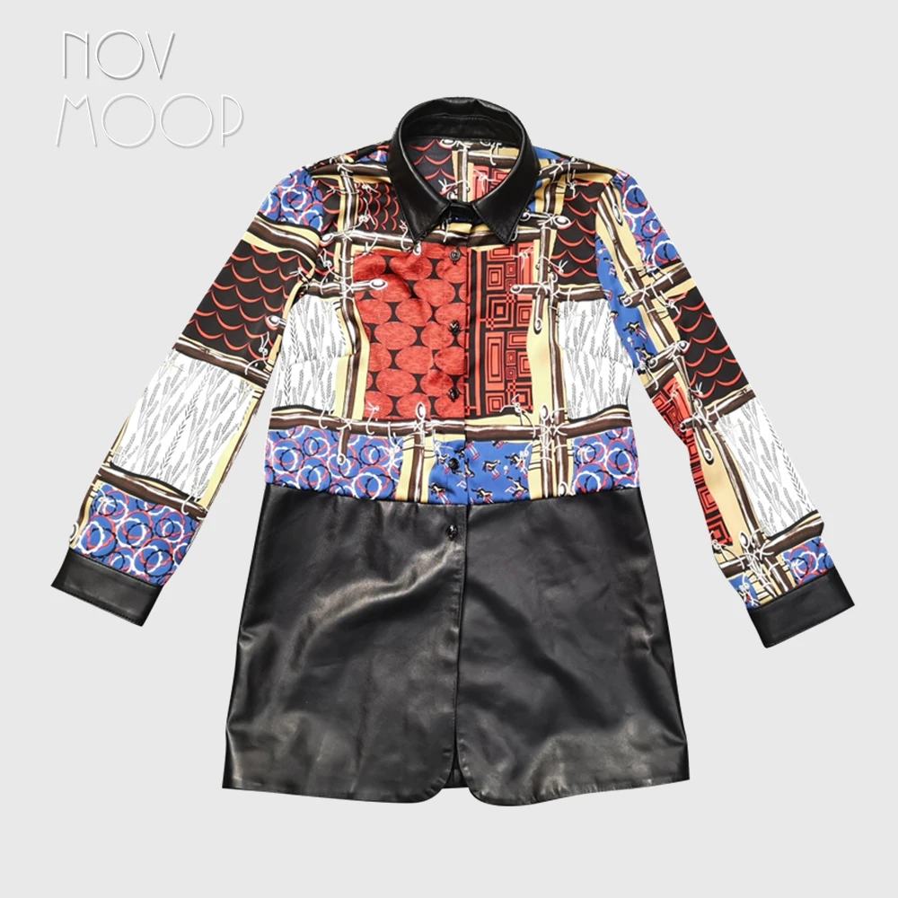 Novmoop fashion printed style spliced lambskin genuine leather dress turn-down collar black bottoming shirt tela de mujer LT3098