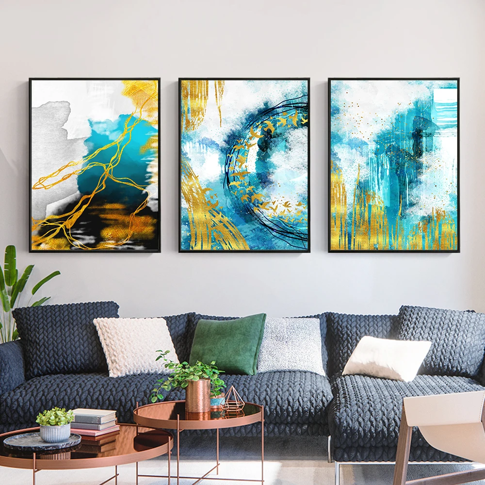 

3panel Abstract Blue With Gold Canvas Printing And Poster Modern Wall Art For Living Room Decor Nordic Landscape Wall Painting