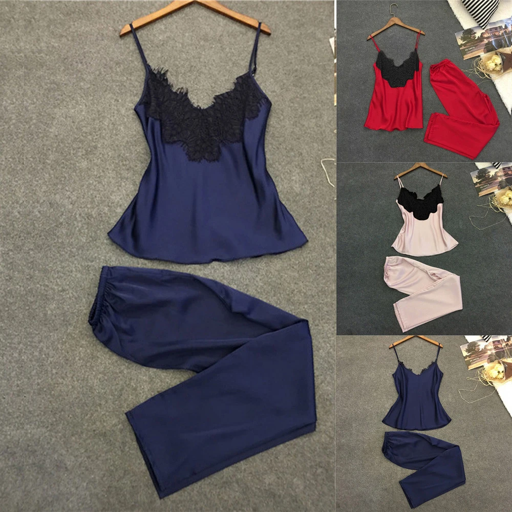 Лидер продаж Женские пижамы 2 шт. атласное кружевное ночная одежда пижама Babydoll