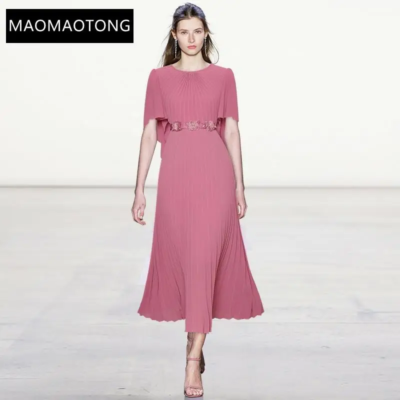 

Fashion Designer Summer Pink Dress Women's Irregular Butterfly Sleeve Sashes Beaded Appliques Long Pleated Dress