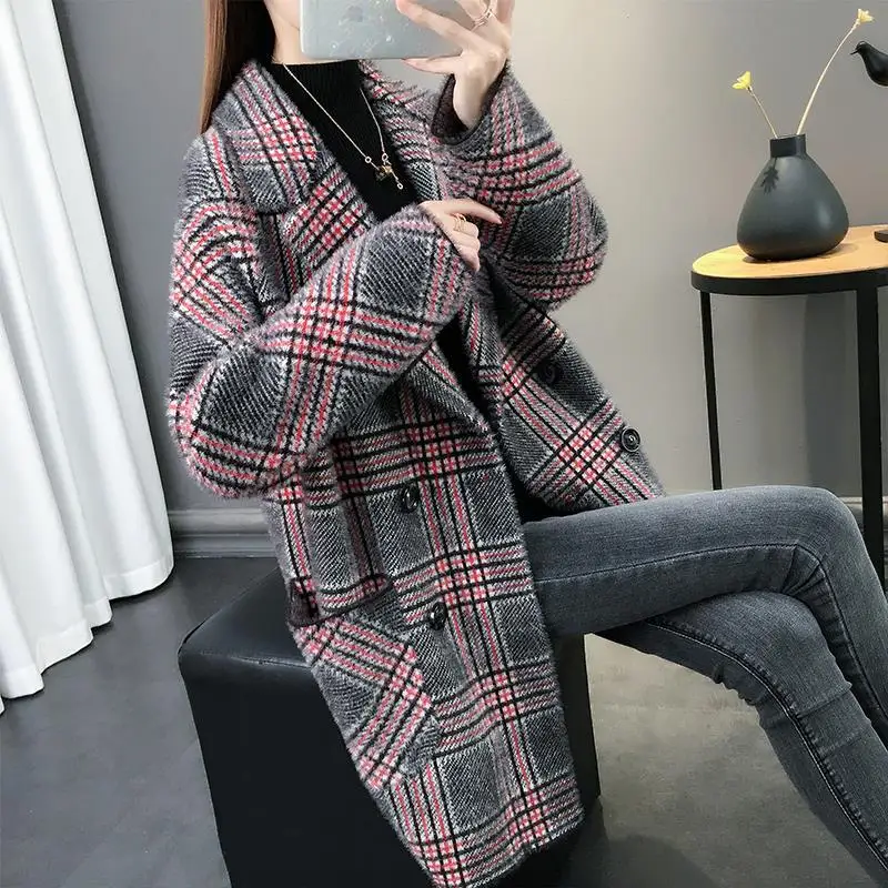 

Thick Plaid Imitation Mink Velvet Jacket Women Spring and Autumn New Mid-length Loose Knitted Cardigan Woolen Coat Coat