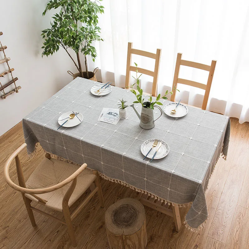 Однотонная льняная скатерть с кисточками водонепроницаемая маслостойкая