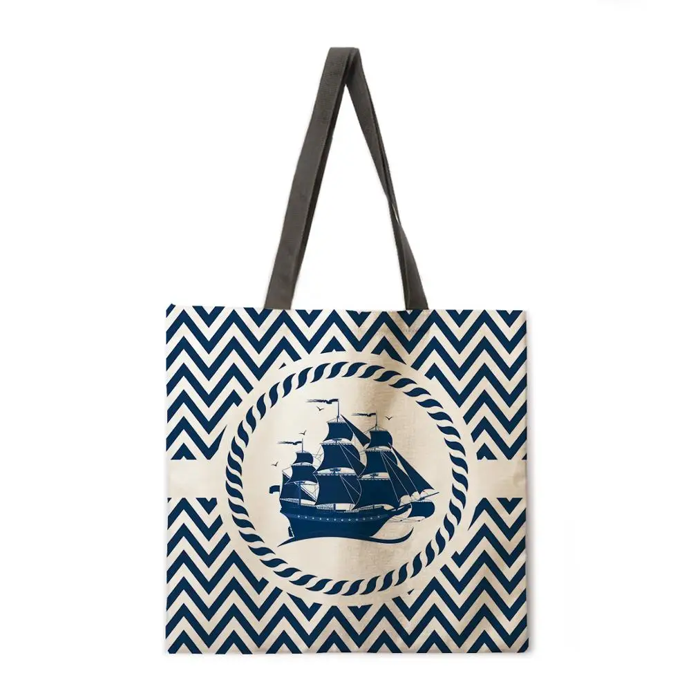 Beach theme tote bag Shoulder bag Linen fabric casual tote bag Foldable shopping bag Reusable beach bag