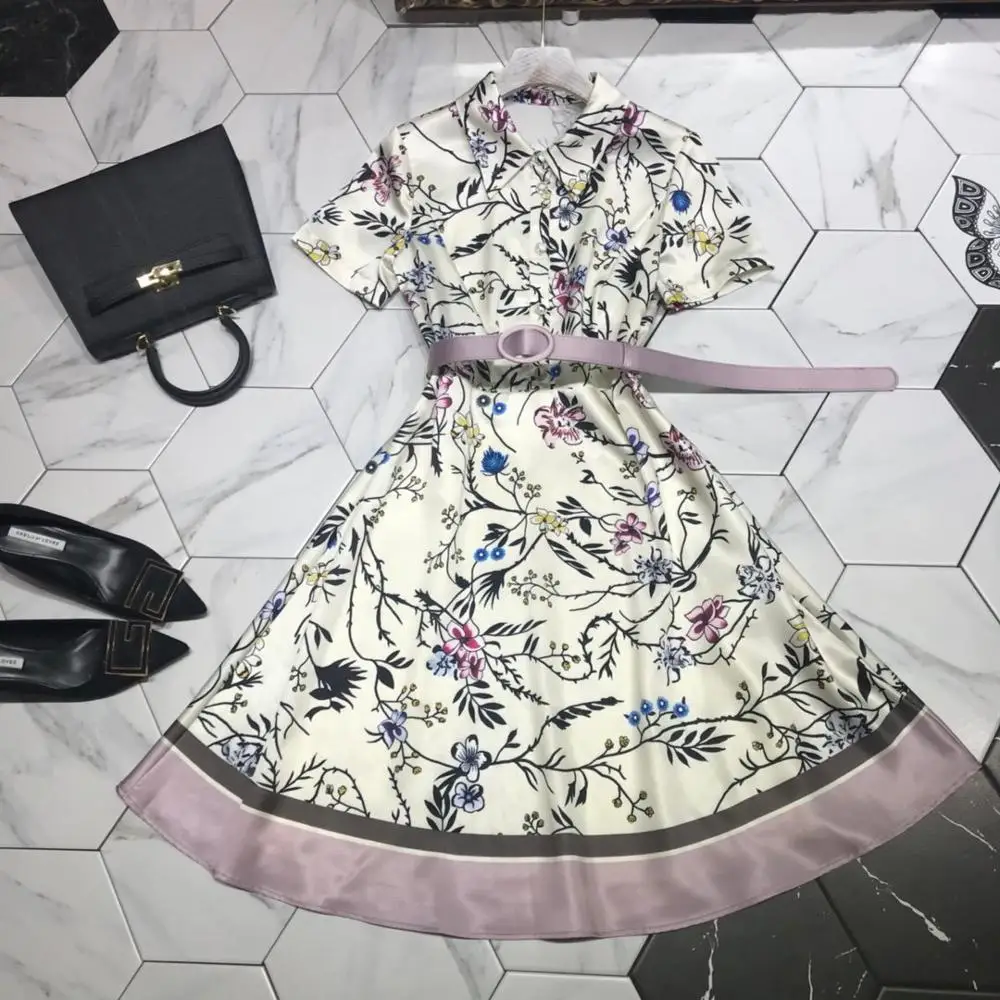 

Trendy Summer Fashion Runway Dress Short Sleeve Women's Elegant Floral Print Knee Length Dress Casual Female Vestidos