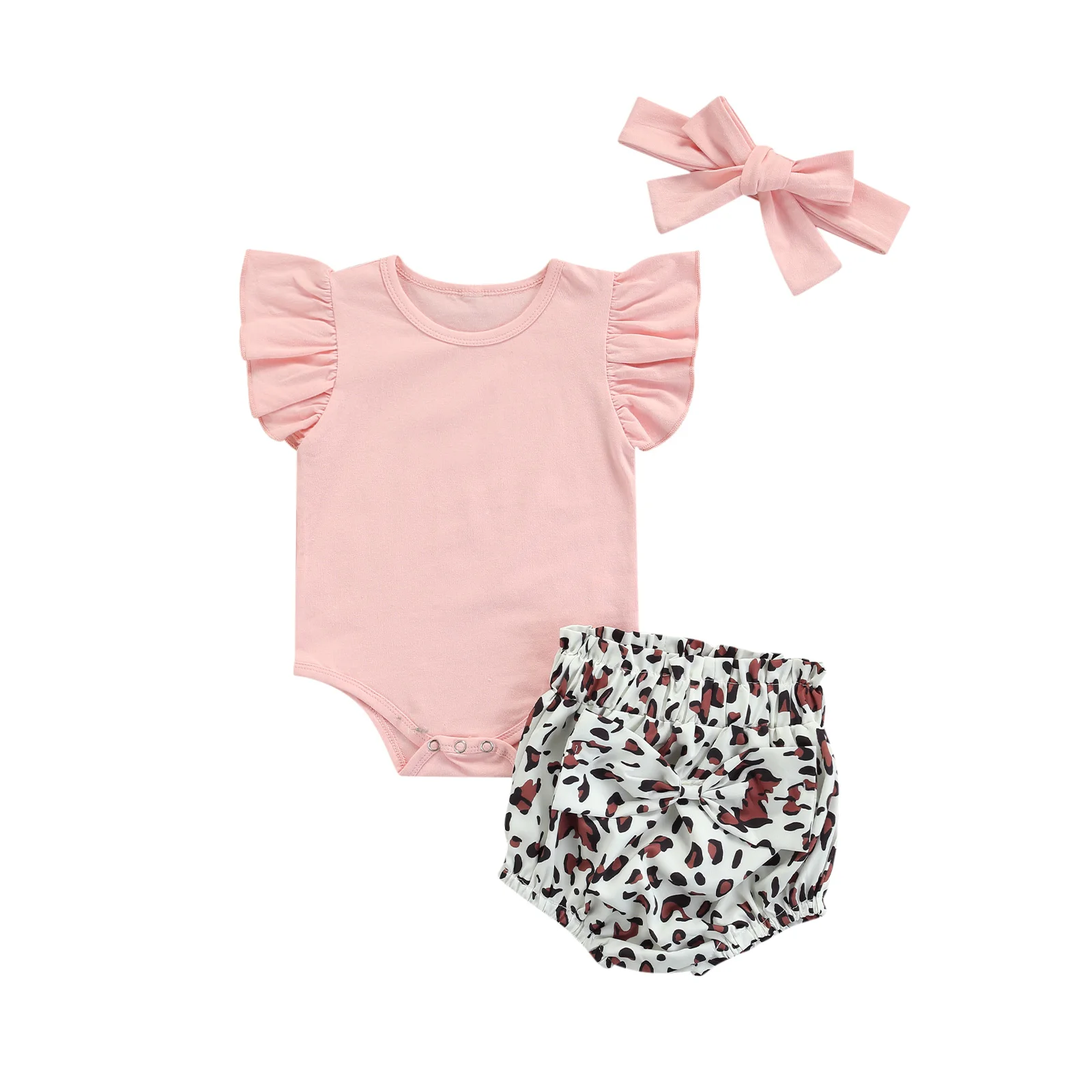 

Three-piece Toddler Baby Girls Clothes Set Solid Color Fly Sleeves Romper Elastic Waist Shorts And Headdress Children's Clothing